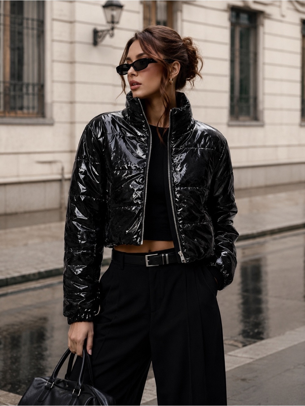 Cropped Black Patent Puffer Jacket - Women's